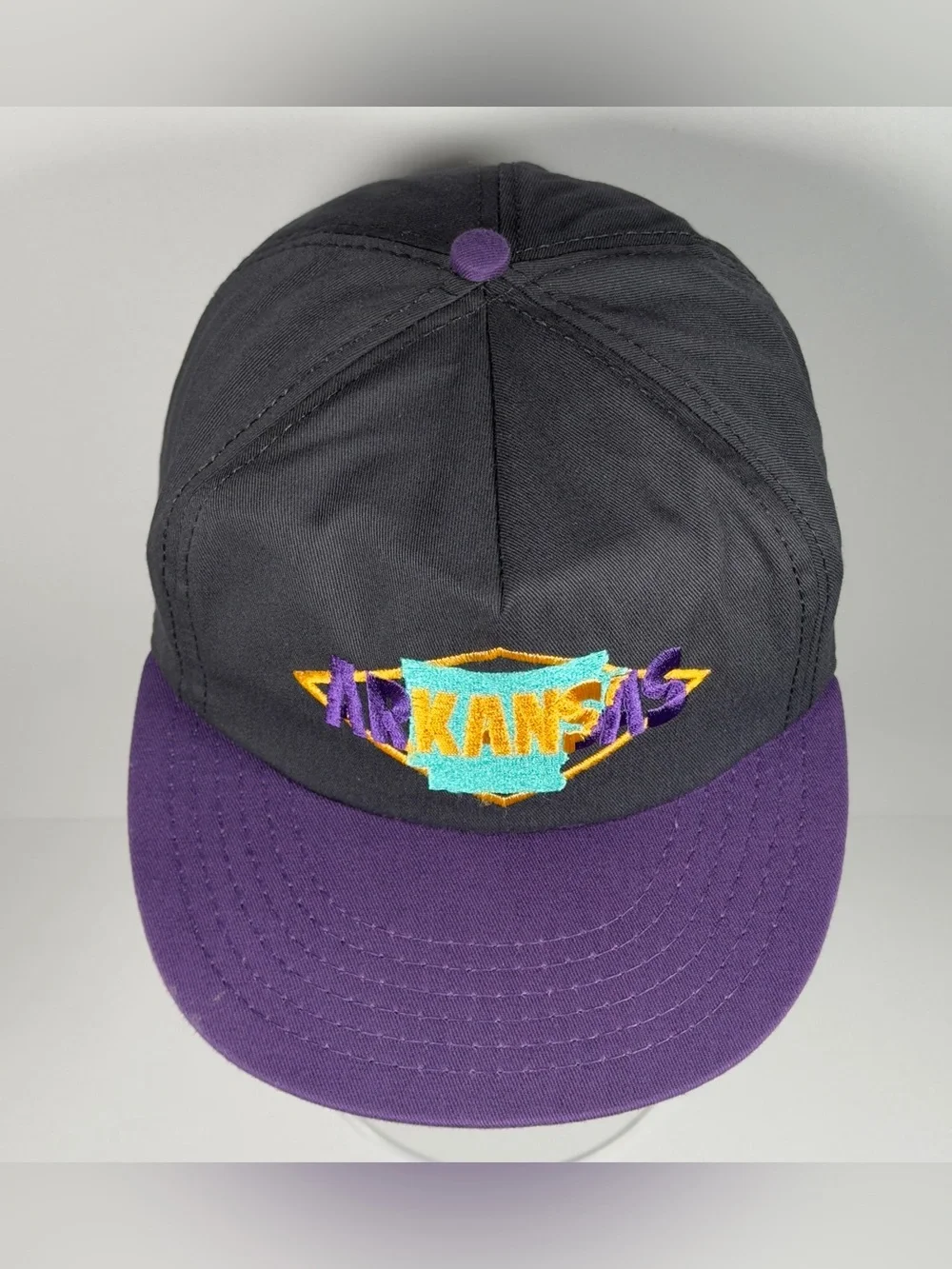 Vintage 90s Arkansas State Snapback Hat Cap Made in USA Black Purple Union Made